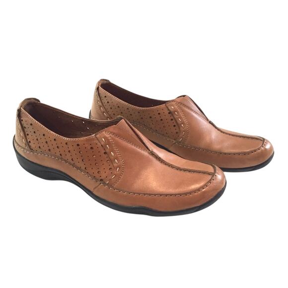 Clarks Kessa Grace Loafer 9M Leather Tan Brown Soft Elastic Open - Picture 1 of 7